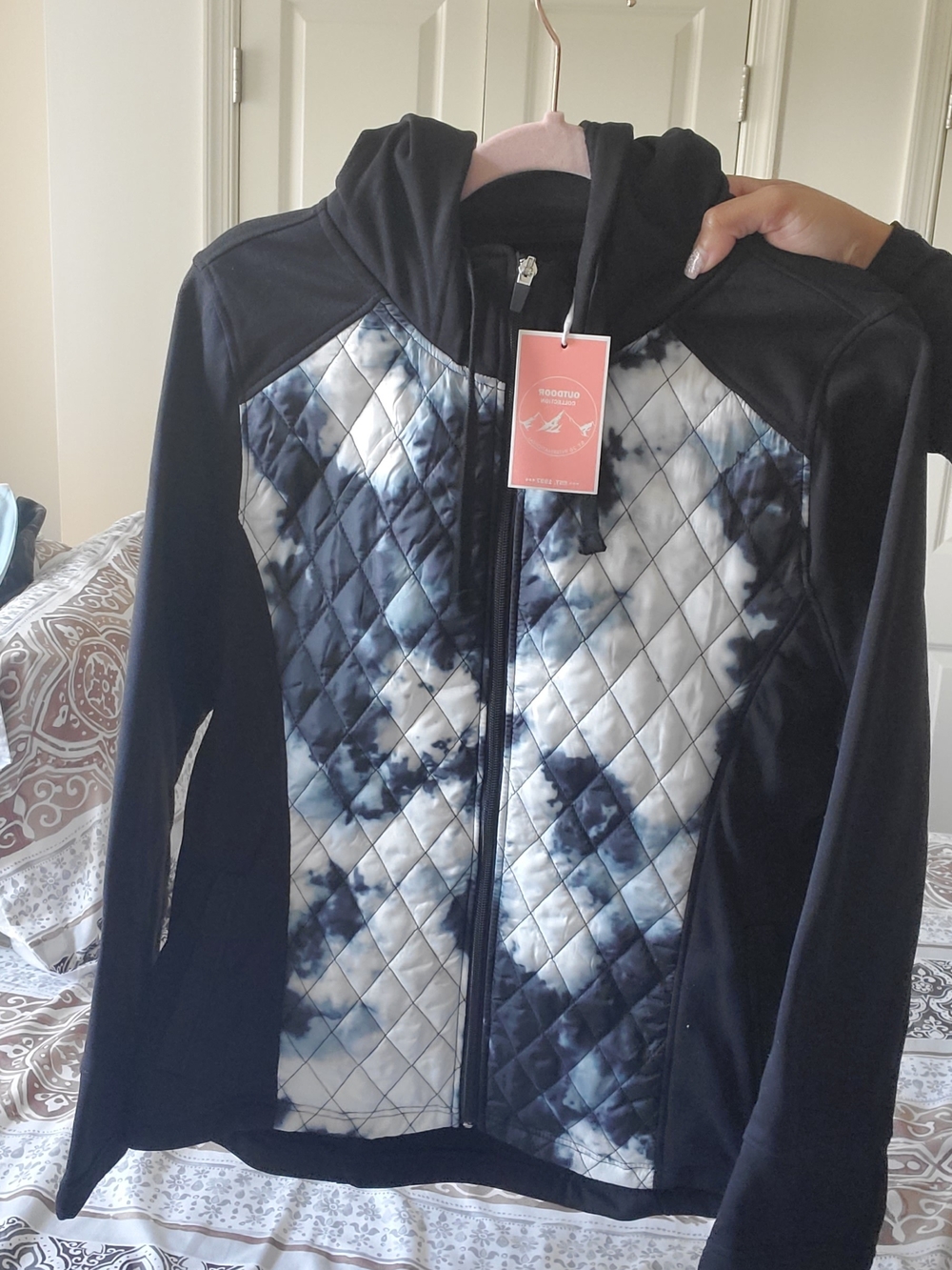 Women’s Quilted Hooded Jacket in Black with Blue Tie-Dye Panels